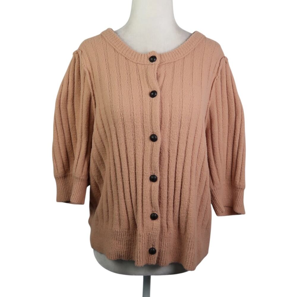 Free People Tan Fuzzy Rib Knit 3/4 Sleeve Cardigan Sweater L